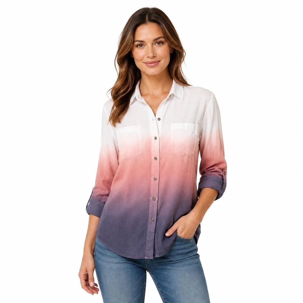 Ariat Shirt Womens Medium Multicolor Ombre Fade Button Front Long Sleeve Top